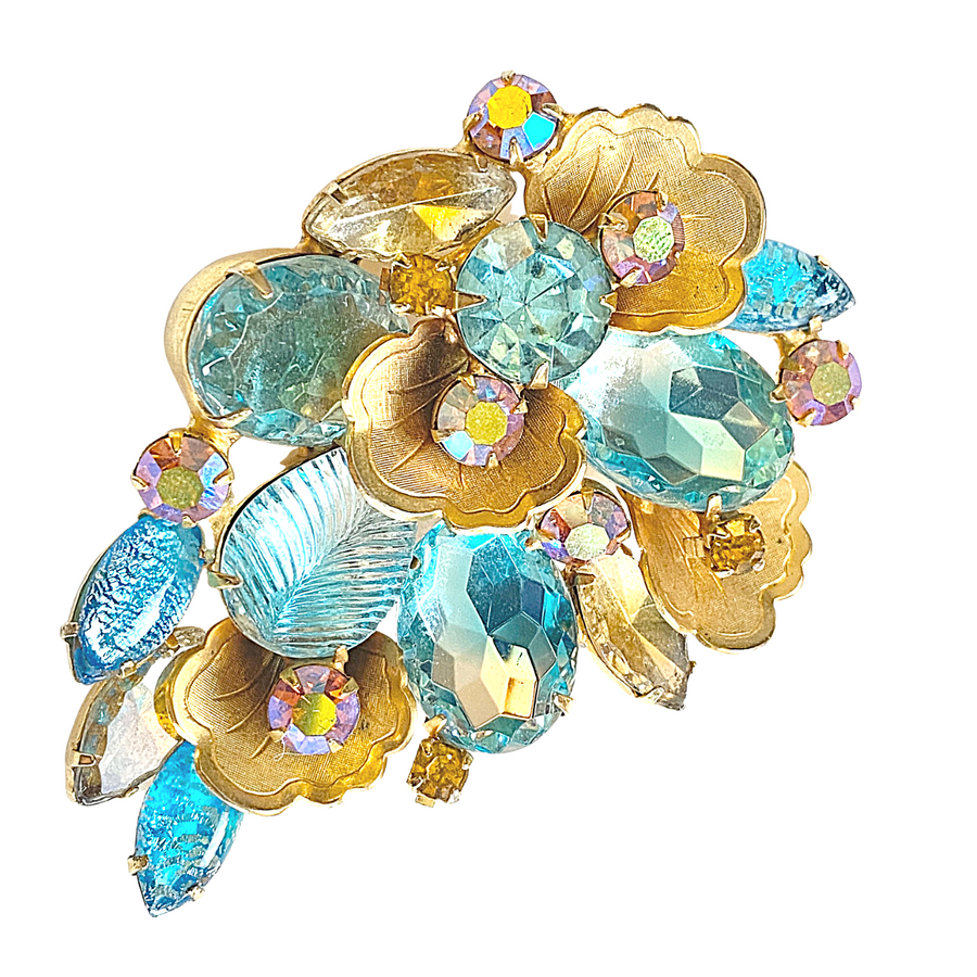 Vintage Aqua and Aurora Borealis Gold Leaf Brooch by Unsigned Beauty - Vintage Meet Modern Vintage Jewelry - Chicago, Illinois - #oldhollywoodglamour #vintagemeetmodern #designervintage #jewelrybox #antiquejewelry #vintagejewelry