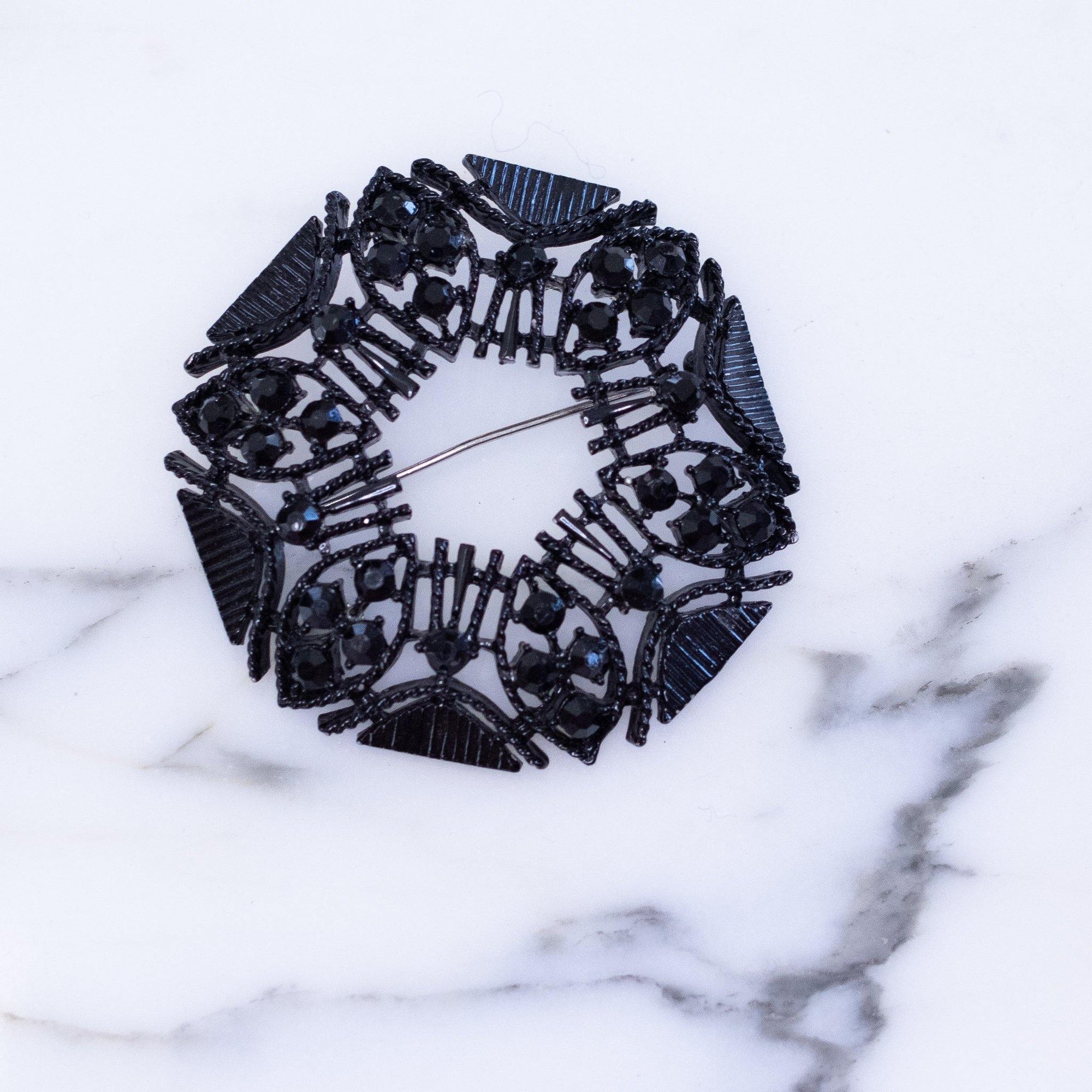 Vintage Jet Crystal Round Rhinestone Brooch by Austria - Vintage Meet Modern Vintage Jewelry - Chicago, Illinois - #oldhollywoodglamour #vintagemeetmodern #designervintage #jewelrybox #antiquejewelry #vintagejewelry
