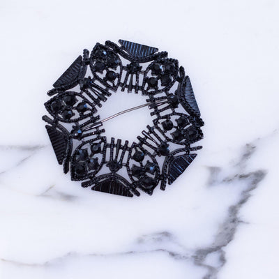 Vintage Jet Crystal Round Rhinestone Brooch by Austria - Vintage Meet Modern Vintage Jewelry - Chicago, Illinois - #oldhollywoodglamour #vintagemeetmodern #designervintage #jewelrybox #antiquejewelry #vintagejewelry