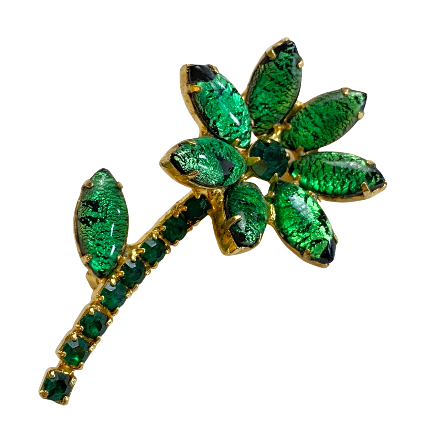 Vintage Green Rhinestone Flower Brooch by Vintage Meet Modern - Vintage Meet Modern Vintage Jewelry - Chicago, Illinois - #oldhollywoodglamour #vintagemeetmodern #designervintage #jewelrybox #antiquejewelry #vintagejewelry