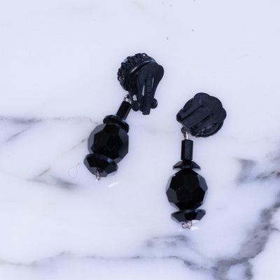 Vintage Jet Black Glass Bead Dangle Clip On Earrings by Austria - Vintage Meet Modern Vintage Jewelry - Chicago, Illinois - #oldhollywoodglamour #vintagemeetmodern #designervintage #jewelrybox #antiquejewelry #vintagejewelry