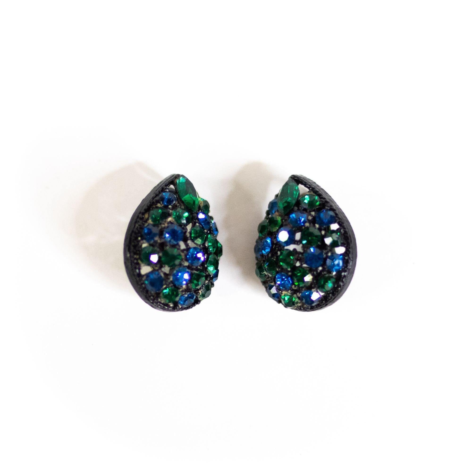 Vintage Blue and Green Rhinestone Teardrop Statement Earrings by Vintage Meet Modern - Vintage Meet Modern Vintage Jewelry - Chicago, Illinois - #oldhollywoodglamour #vintagemeetmodern #designervintage #jewelrybox #antiquejewelry #vintagejewelry