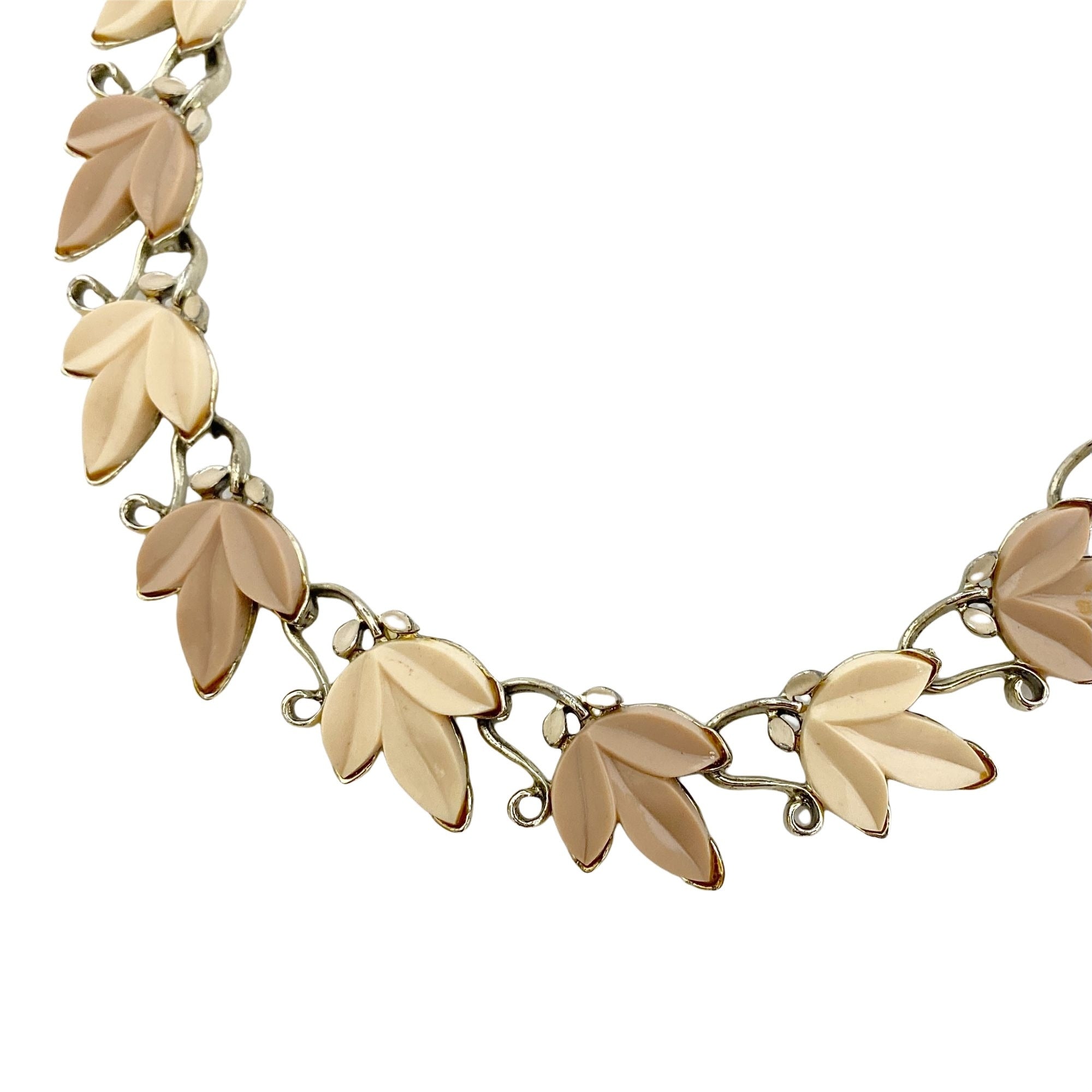 Vintage Thermoset Cream and Taupe Leaf Necklace by Unsigned Beauty - Vintage Meet Modern Vintage Jewelry - Chicago, Illinois - #oldhollywoodglamour #vintagemeetmodern #designervintage #jewelrybox #antiquejewelry #vintagejewelry
