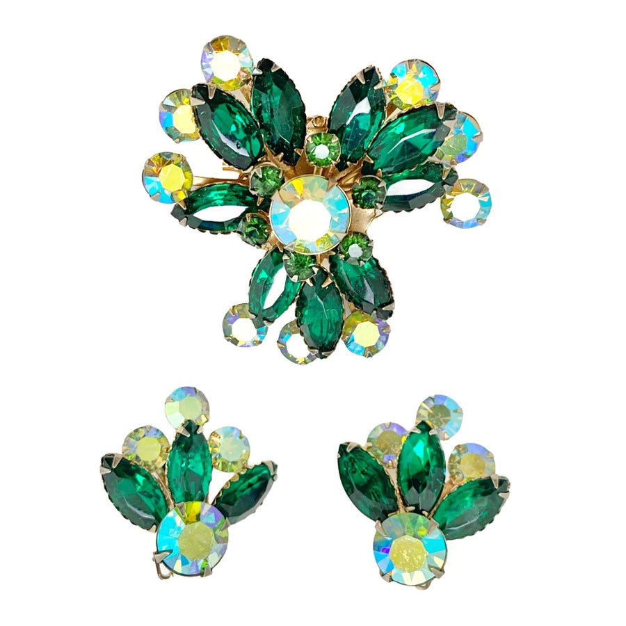 Vintage Celebrity Green Rhinestone and Aurora Borealis Crystal Brooch by Vintage Meet Modern - Vintage Meet Modern Vintage Jewelry - Chicago, Illinois - #oldhollywoodglamour #vintagemeetmodern #designervintage #jewelrybox #antiquejewelry #vintagejewelry