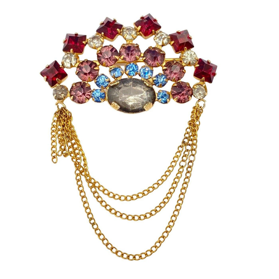 Vintage 1940s Red, Pink, Blue Rhinestone Brooch with Swag Chain Tassel by Unsigned Beauty - Vintage Meet Modern Vintage Jewelry - Chicago, Illinois - #oldhollywoodglamour #vintagemeetmodern #designervintage #jewelrybox #antiquejewelry #vintagejewelry