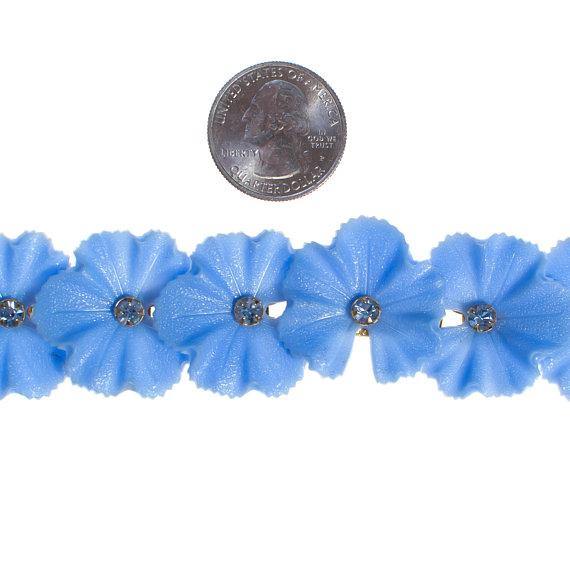 Blue Lucite Necklace with Pale Blue Rhinestones, Gold Tone, J Hook Clasp by 1950s - Vintage Meet Modern Vintage Jewelry - Chicago, Illinois - #oldhollywoodglamour #vintagemeetmodern #designervintage #jewelrybox #antiquejewelry #vintagejewelry