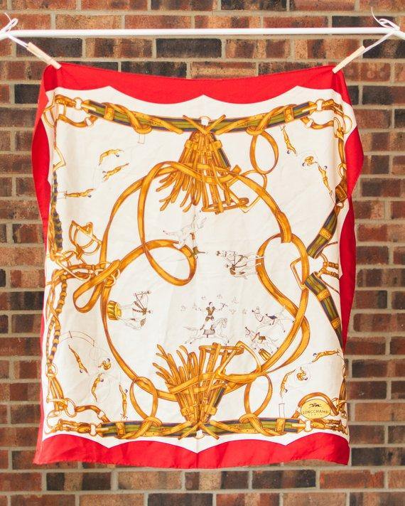 Longchamp Paris Circus Horse and Buckle Silk Scarf by Longchamp - Vintage Meet Modern Vintage Jewelry - Chicago, Illinois - #oldhollywoodglamour #vintagemeetmodern #designervintage #jewelrybox #antiquejewelry #vintagejewelry