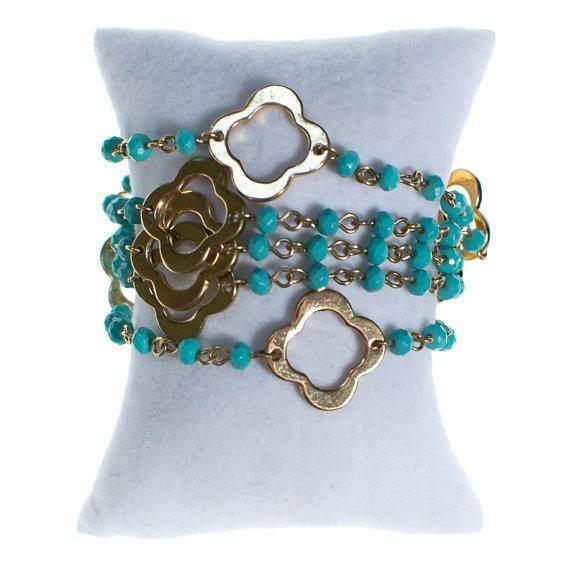 Vintage Turquoise and Quatrafoil Charm Multi Strand Bracelet by 1990s - Vintage Meet Modern Vintage Jewelry - Chicago, Illinois - #oldhollywoodglamour #vintagemeetmodern #designervintage #jewelrybox #antiquejewelry #vintagejewelry