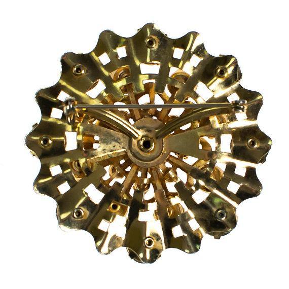 Vintage Yellow and Amber Rhinestone Round Medallion Brooch by 1960s - Vintage Meet Modern Vintage Jewelry - Chicago, Illinois - #oldhollywoodglamour #vintagemeetmodern #designervintage #jewelrybox #antiquejewelry #vintagejewelry