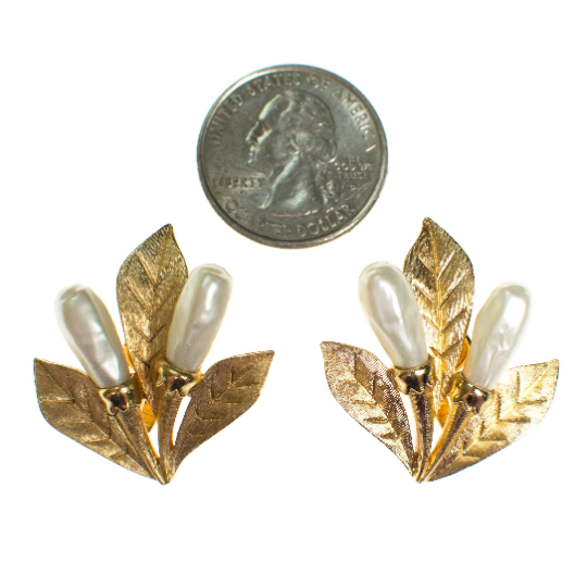 Gold Trifari Cattail Earrings, Gold with Faux Pearl by Trifari - Vintage Meet Modern Vintage Jewelry - Chicago, Illinois - #oldhollywoodglamour #vintagemeetmodern #designervintage #jewelrybox #antiquejewelry #vintagejewelry