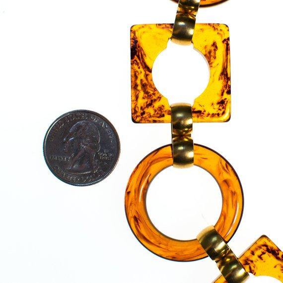 Vintage Yves St. Laurent Vintage Faux Tortoise Necklace, Belt  Gold Tone, Brown Lucite Squares and Circles by Yves St. Laurent - Vintage Meet Modern Vintage Jewelry - Chicago, Illinois - #oldhollywoodglamour #vintagemeetmodern #designervintage #jewelrybox #antiquejewelry #vintagejewelry