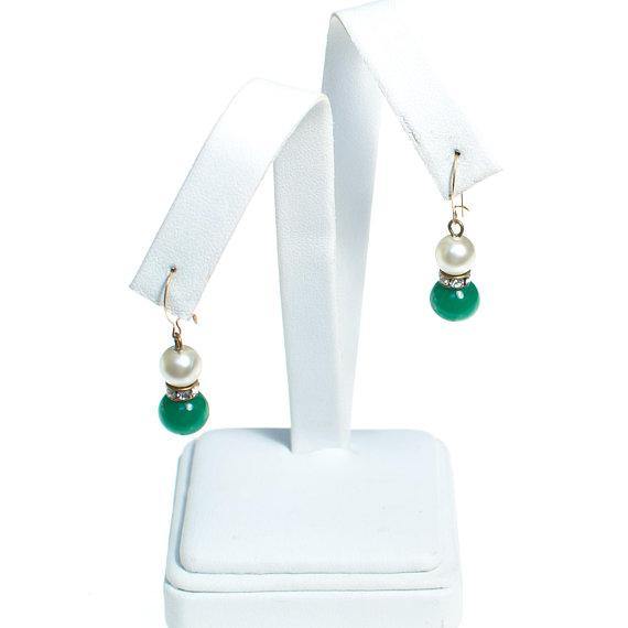 Vintage Faux Pearl, Green Glass Earrings, 1970's, Dangle Earrings, Clear Rondelle Rhinestones by 1970s - Vintage Meet Modern Vintage Jewelry - Chicago, Illinois - #oldhollywoodglamour #vintagemeetmodern #designervintage #jewelrybox #antiquejewelry #vintagejewelry