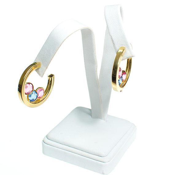 Vintage Medium Gold Hoop Earrings with Pastel Rhinestone Bezel Set Swarovski Crystal by 1980s - Vintage Meet Modern Vintage Jewelry - Chicago, Illinois - #oldhollywoodglamour #vintagemeetmodern #designervintage #jewelrybox #antiquejewelry #vintagejewelry