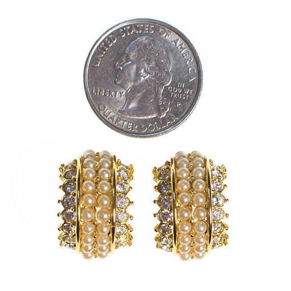 Vintage Joan Rivers Pearl and Rhinestone Half Hoop Earrings, Clip On by Joan Rivers - Vintage Meet Modern Vintage Jewelry - Chicago, Illinois - #oldhollywoodglamour #vintagemeetmodern #designervintage #jewelrybox #antiquejewelry #vintagejewelry