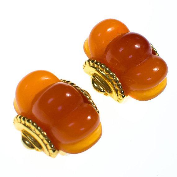 Vintage KJL Orange Lucite Shell Earrings by KJL - Vintage Meet Modern Vintage Jewelry - Chicago, Illinois - #oldhollywoodglamour #vintagemeetmodern #designervintage #jewelrybox #antiquejewelry #vintagejewelry