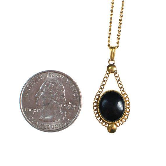 Vintage 1940s Jet Black Glass Cabochon Petite Dainty Pendant Necklace Gold Filled by 1940s - Vintage Meet Modern Vintage Jewelry - Chicago, Illinois - #oldhollywoodglamour #vintagemeetmodern #designervintage #jewelrybox #antiquejewelry #vintagejewelry