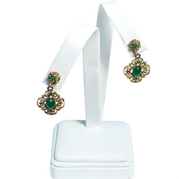 Vintage Jade Glass and Gold Filigree Dangling Pierced Statement Earrings Victorian Revival by 1960s - Vintage Meet Modern Vintage Jewelry - Chicago, Illinois - #oldhollywoodglamour #vintagemeetmodern #designervintage #jewelrybox #antiquejewelry #vintagejewelry