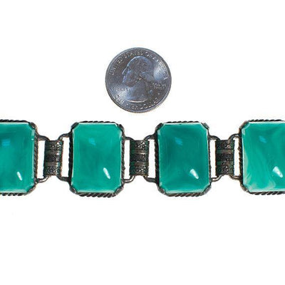 Vintage Faux Jade Glass Cabochon Panel Bracelet Book Chain Setting in Antique Silver Tone by 1950s - Vintage Meet Modern Vintage Jewelry - Chicago, Illinois - #oldhollywoodglamour #vintagemeetmodern #designervintage #jewelrybox #antiquejewelry #vintagejewelry