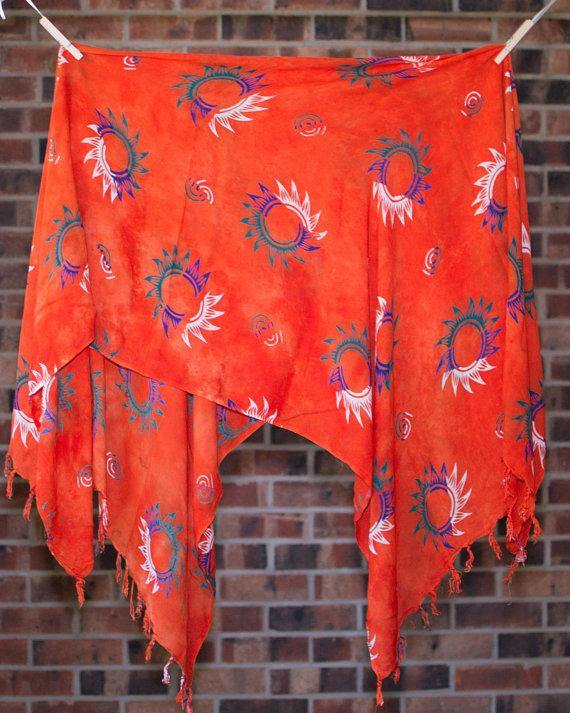 Vintage Orange Scarf, Wrap with Blue, White, and Green Sun Shapes, Large Scarf Shawl by 1980s - Vintage Meet Modern Vintage Jewelry - Chicago, Illinois - #oldhollywoodglamour #vintagemeetmodern #designervintage #jewelrybox #antiquejewelry #vintagejewelry