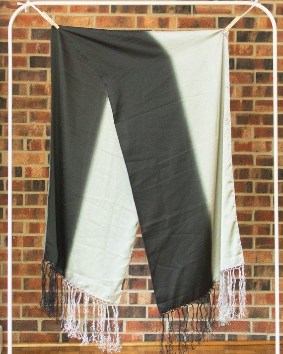 MNG Black and Gray Silky Evening Wrap, Fringe by 1980s - Vintage Meet Modern Vintage Jewelry - Chicago, Illinois - #oldhollywoodglamour #vintagemeetmodern #designervintage #jewelrybox #antiquejewelry #vintagejewelry