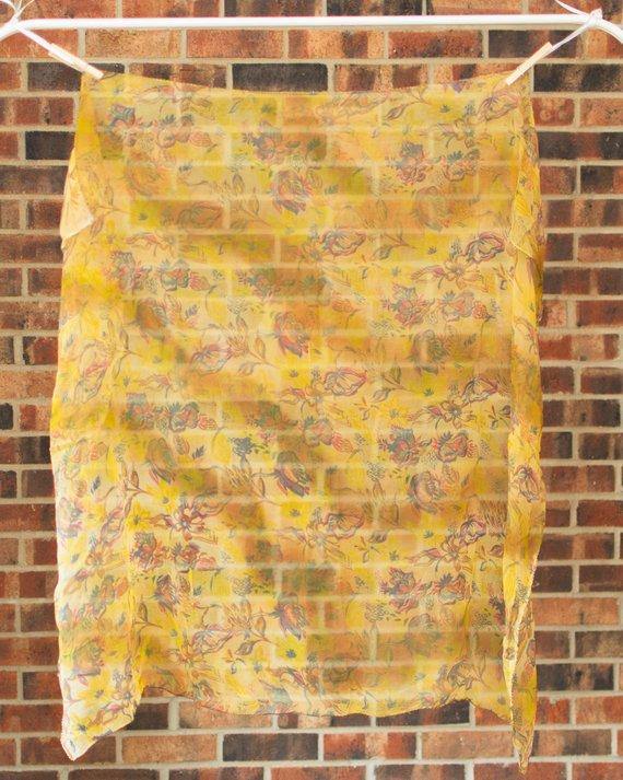 Sheer Floral Scarf Gold with Blue, Red, and Earth Tone Flowers by Sheer Floral - Vintage Meet Modern Vintage Jewelry - Chicago, Illinois - #oldhollywoodglamour #vintagemeetmodern #designervintage #jewelrybox #antiquejewelry #vintagejewelry
