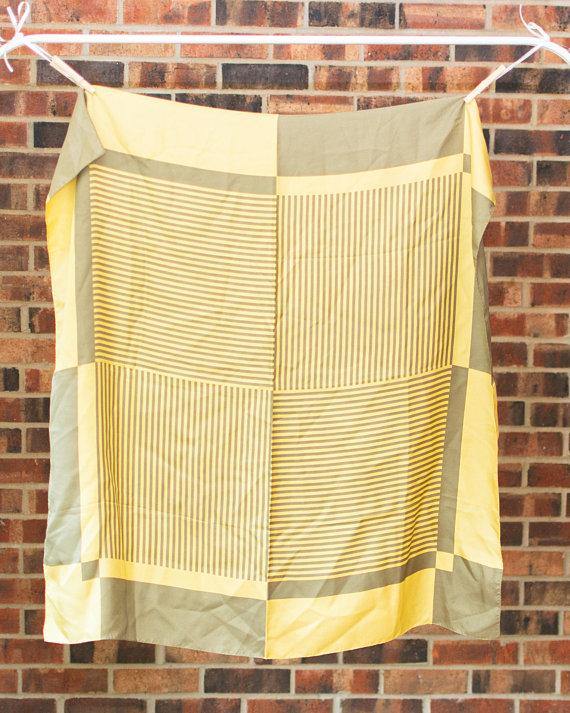 Yellow and Taupe 100% Silk Scarf Geometric Lines and Squares by 1980s - Vintage Meet Modern Vintage Jewelry - Chicago, Illinois - #oldhollywoodglamour #vintagemeetmodern #designervintage #jewelrybox #antiquejewelry #vintagejewelry