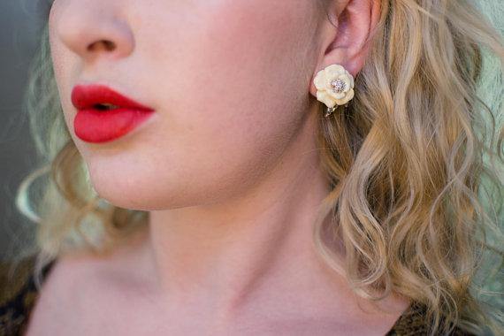 Vintage Nolan Miller Camelia Earrings With Diamante Crystals, Clip On by Nolan Miller - Vintage Meet Modern Vintage Jewelry - Chicago, Illinois - #oldhollywoodglamour #vintagemeetmodern #designervintage #jewelrybox #antiquejewelry #vintagejewelry