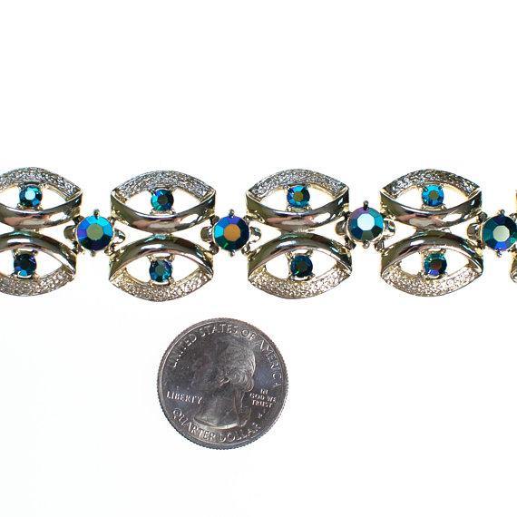 Vintage Signed Coro Bracelet, Silver Tone, Iridescent Blue Rhinestones, 1950's Bracelet by 1950s - Vintage Meet Modern Vintage Jewelry - Chicago, Illinois - #oldhollywoodglamour #vintagemeetmodern #designervintage #jewelrybox #antiquejewelry #vintagejewelry