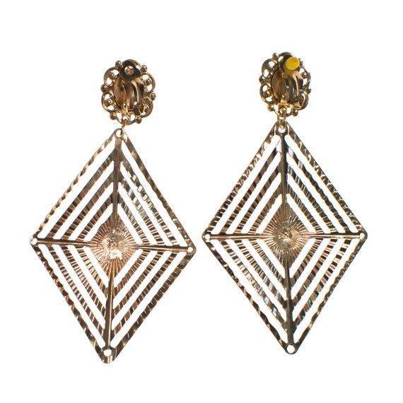 Vintage Large Gold and Black Geometric Diamond Shape Statement Earrings by 1970s - Vintage Meet Modern Vintage Jewelry - Chicago, Illinois - #oldhollywoodglamour #vintagemeetmodern #designervintage #jewelrybox #antiquejewelry #vintagejewelry
