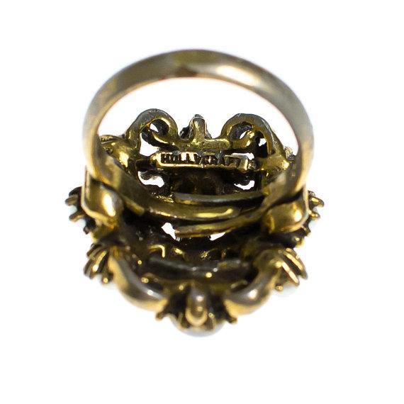 Hollycraft Adjustable Ring, Faux Seed Pearls, Opaline, Rhinestones, Gold Tone by 1950s - Vintage Meet Modern Vintage Jewelry - Chicago, Illinois - #oldhollywoodglamour #vintagemeetmodern #designervintage #jewelrybox #antiquejewelry #vintagejewelry