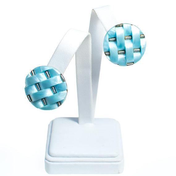 Vintage Silver Tone and Blue Lucite Clip on Earrings, Basket Weave Design by 1960s - Vintage Meet Modern Vintage Jewelry - Chicago, Illinois - #oldhollywoodglamour #vintagemeetmodern #designervintage #jewelrybox #antiquejewelry #vintagejewelry