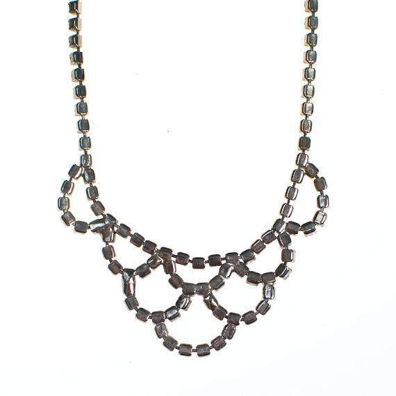 Vintage Rhinestone Bib Necklace, Silver Tone, Prong Set by 1950s - Vintage Meet Modern Vintage Jewelry - Chicago, Illinois - #oldhollywoodglamour #vintagemeetmodern #designervintage #jewelrybox #antiquejewelry #vintagejewelry