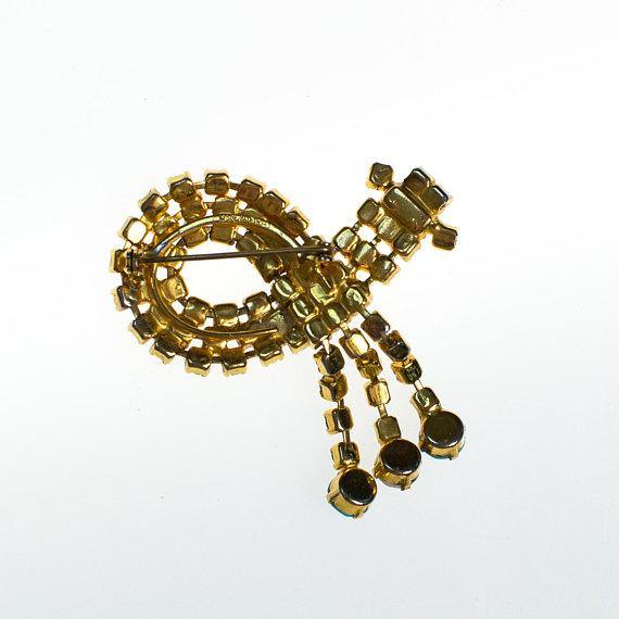 Vintage Milk Glass and Turquoise Rhinestone Brooch with Tassels by 1960s - Vintage Meet Modern Vintage Jewelry - Chicago, Illinois - #oldhollywoodglamour #vintagemeetmodern #designervintage #jewelrybox #antiquejewelry #vintagejewelry