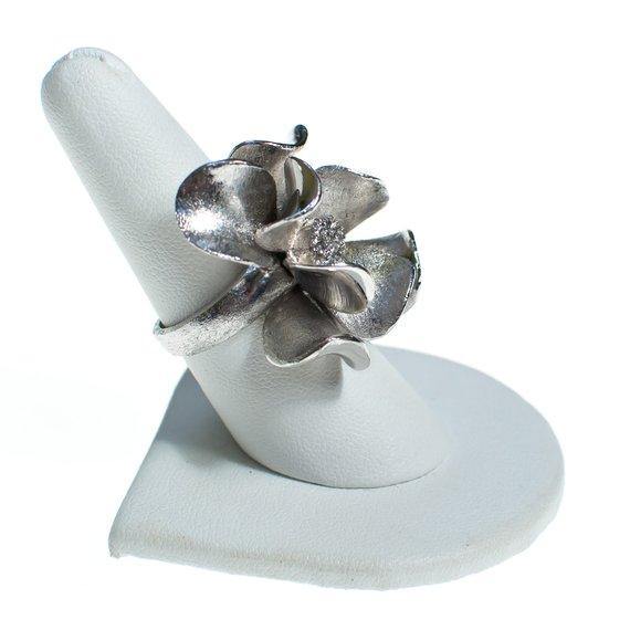 Vintage Silver Flower Statement Ring, Clear Rhinestone Center, Large Silver Flower by 1960s - Vintage Meet Modern Vintage Jewelry - Chicago, Illinois - #oldhollywoodglamour #vintagemeetmodern #designervintage #jewelrybox #antiquejewelry #vintagejewelry