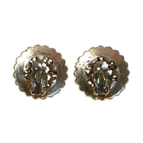 Vintage Pastel Rhinestone, Faux Pearl, Statement Earrings, Antique Gold Tone, Clip Back by 1950s - Vintage Meet Modern Vintage Jewelry - Chicago, Illinois - #oldhollywoodglamour #vintagemeetmodern #designervintage #jewelrybox #antiquejewelry #vintagejewelry