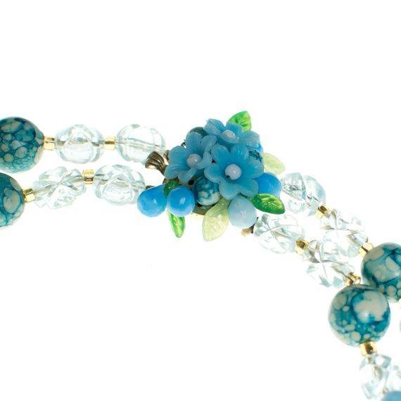 Vintage 1950s Blue and White Crystal Bubble Bead Necklace with Flowers by 1950s - Vintage Meet Modern Vintage Jewelry - Chicago, Illinois - #oldhollywoodglamour #vintagemeetmodern #designervintage #jewelrybox #antiquejewelry #vintagejewelry