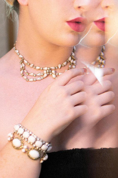 Vintage Milk Glass and Diamante Rhinestone Bracelet by 1960s - Vintage Meet Modern Vintage Jewelry - Chicago, Illinois - #oldhollywoodglamour #vintagemeetmodern #designervintage #jewelrybox #antiquejewelry #vintagejewelry