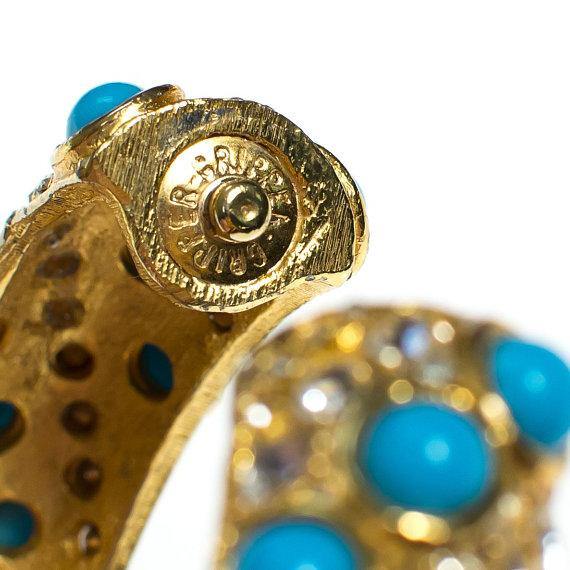 Vintage Rhinestone and Turquoise Cabochon Hinged Bangle Bracelet by 1960s - Vintage Meet Modern Vintage Jewelry - Chicago, Illinois - #oldhollywoodglamour #vintagemeetmodern #designervintage #jewelrybox #antiquejewelry #vintagejewelry