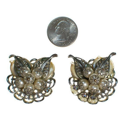 Vintage Silver Tone Large Lily of the Valley Flower Statement Earrings, Lucite Leaves, Faux Pearls, Clip-on by 1950s - Vintage Meet Modern Vintage Jewelry - Chicago, Illinois - #oldhollywoodglamour #vintagemeetmodern #designervintage #jewelrybox #antiquejewelry #vintagejewelry