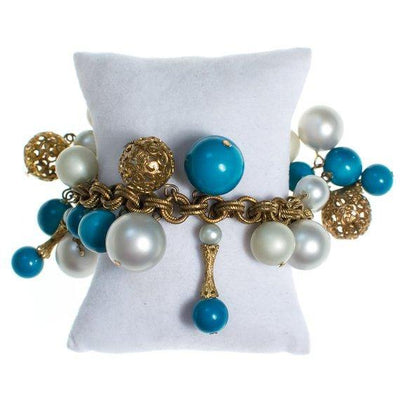Vintage Gold Tone Charm Bracelet with White Pearl and Turquoise Beads, Multi-link Chain, Gold Tone Beads by 1960s - Vintage Meet Modern Vintage Jewelry - Chicago, Illinois - #oldhollywoodglamour #vintagemeetmodern #designervintage #jewelrybox #antiquejewelry #vintagejewelry