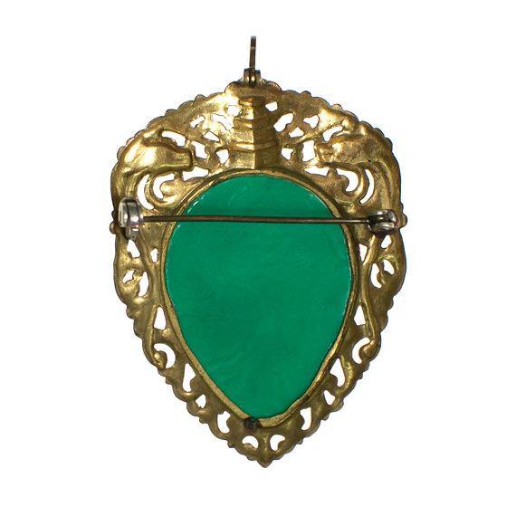 Vintage 1940s Gold Gilt Filigree Asian Influence Brooch Pendant with Faux Jade Carved Floral Relief by 1940s - Vintage Meet Modern Vintage Jewelry - Chicago, Illinois - #oldhollywoodglamour #vintagemeetmodern #designervintage #jewelrybox #antiquejewelry #vintagejewelry