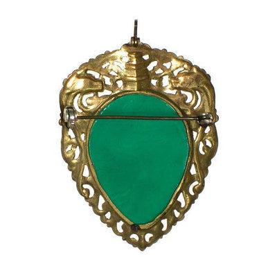 Vintage 1940s Gold Gilt Filigree Asian Influence Brooch Pendant with Faux Jade Carved Floral Relief by 1940s - Vintage Meet Modern Vintage Jewelry - Chicago, Illinois - #oldhollywoodglamour #vintagemeetmodern #designervintage #jewelrybox #antiquejewelry #vintagejewelry