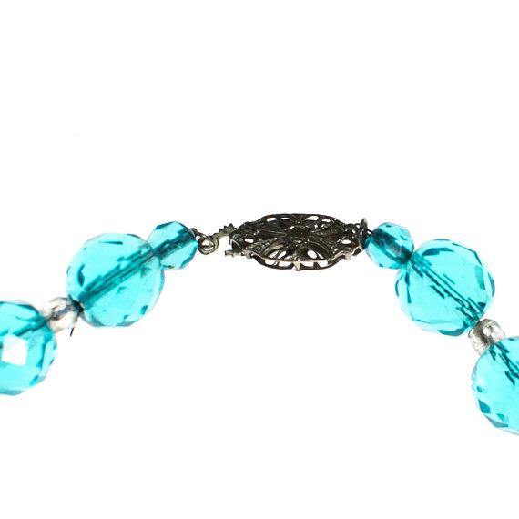 Vintage Czech Aqua Faceted Crystal Beaded Necklace by Czech Republic - Vintage Meet Modern Vintage Jewelry - Chicago, Illinois - #oldhollywoodglamour #vintagemeetmodern #designervintage #jewelrybox #antiquejewelry #vintagejewelry