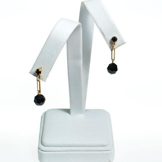 Vintage Jet Black Beaded Dangle Earrings, Post, Gold Tone by 1970s - Vintage Meet Modern Vintage Jewelry - Chicago, Illinois - #oldhollywoodglamour #vintagemeetmodern #designervintage #jewelrybox #antiquejewelry #vintagejewelry