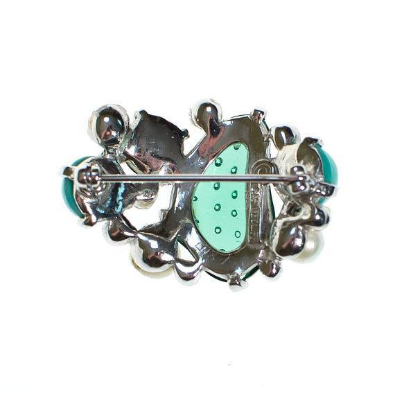 Vintage Castlecliff Brooch Emerald Turquoise Lucite, Jade Green, Faux Pearls by 1960s - Vintage Meet Modern Vintage Jewelry - Chicago, Illinois - #oldhollywoodglamour #vintagemeetmodern #designervintage #jewelrybox #antiquejewelry #vintagejewelry