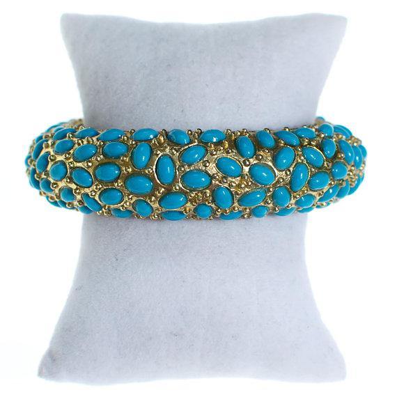 Vintage Turquoise Cabochon Bangle Bracelet, 1960s by 1960s - Vintage Meet Modern Vintage Jewelry - Chicago, Illinois - #oldhollywoodglamour #vintagemeetmodern #designervintage #jewelrybox #antiquejewelry #vintagejewelry
