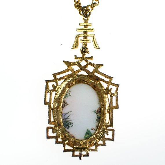 Vintage 1960s Asian Garden Scene Necklace with Geisha, Statement Necklace, Long Pendant by 1960s - Vintage Meet Modern Vintage Jewelry - Chicago, Illinois - #oldhollywoodglamour #vintagemeetmodern #designervintage #jewelrybox #antiquejewelry #vintagejewelry
