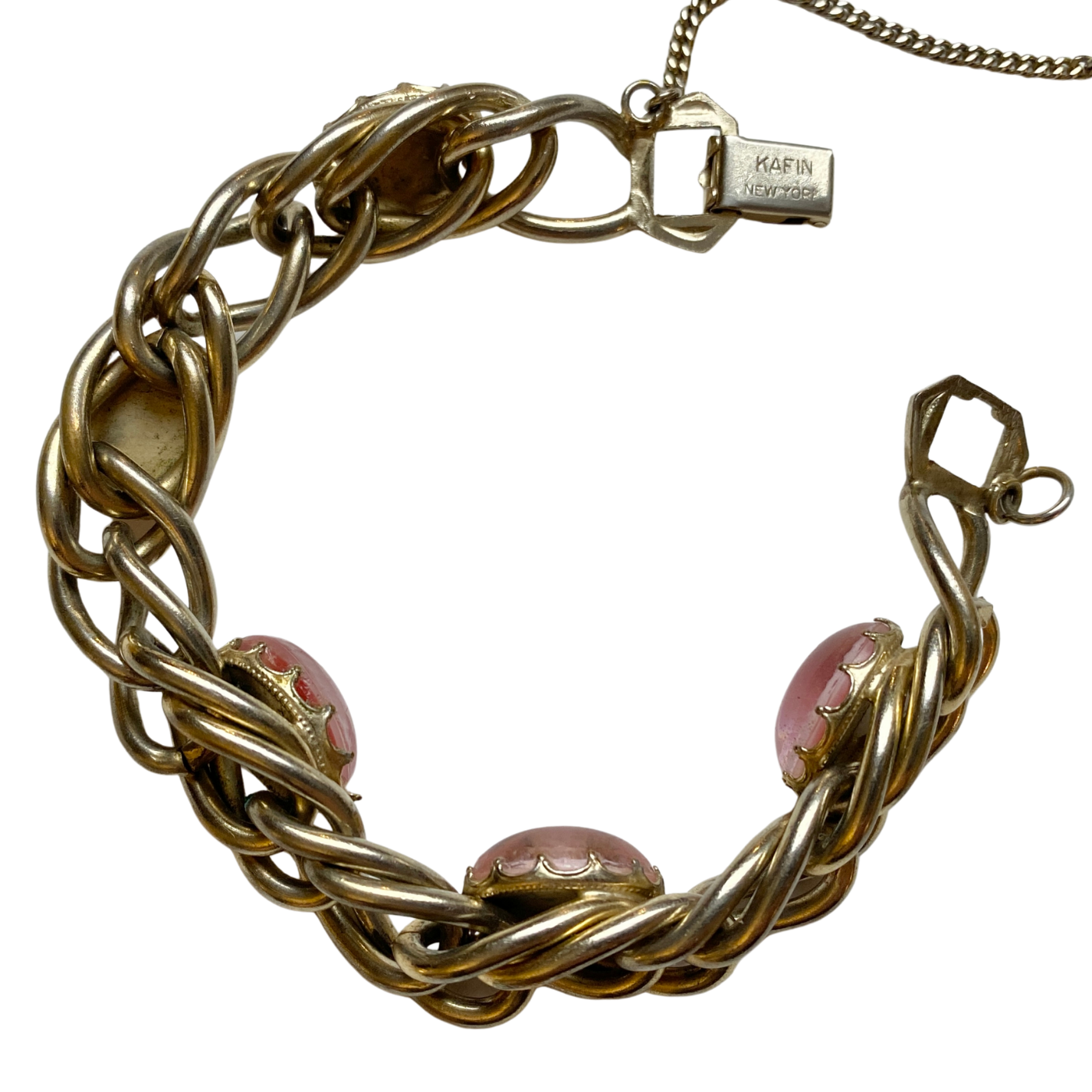 Kafin Pink Moonglow Glass Cabochon Bracelet by Vintage Meet Modern - Vintage Meet Modern Vintage Jewelry - Chicago, Illinois - #oldhollywoodglamour #vintagemeetmodern #designervintage #jewelrybox #antiquejewelry #vintagejewelry