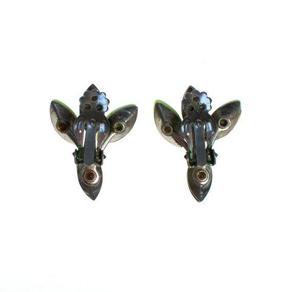 Vintage 1950s Light Green and Dark Green Rhinestone Statement Earrings, Clip On by 1950s - Vintage Meet Modern Vintage Jewelry - Chicago, Illinois - #oldhollywoodglamour #vintagemeetmodern #designervintage #jewelrybox #antiquejewelry #vintagejewelry