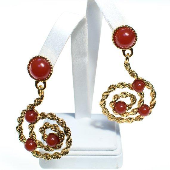 Vintage Avon Gold Scroll Statement Earrings with Carnelian Lucite Cabochons by Avon - Vintage Meet Modern Vintage Jewelry - Chicago, Illinois - #oldhollywoodglamour #vintagemeetmodern #designervintage #jewelrybox #antiquejewelry #vintagejewelry